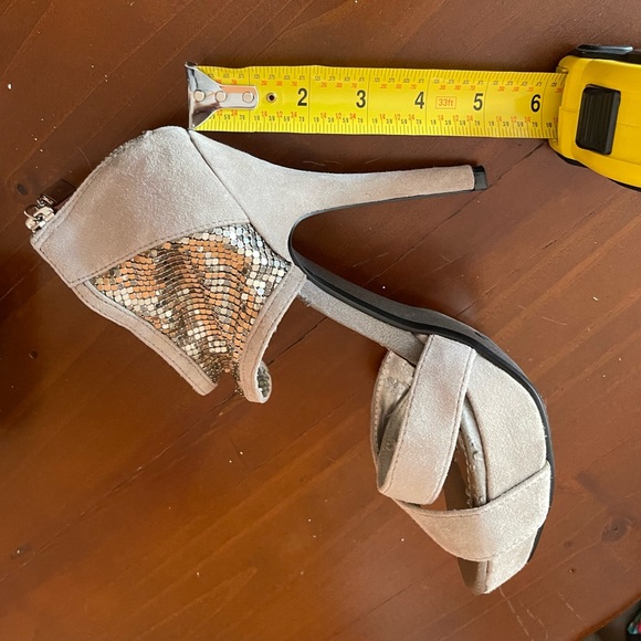 Sexy Naughty Monkey High Heel Sandals Beige Suede with Metal Mesh Ankle Wrap. - Picture 7 of 11